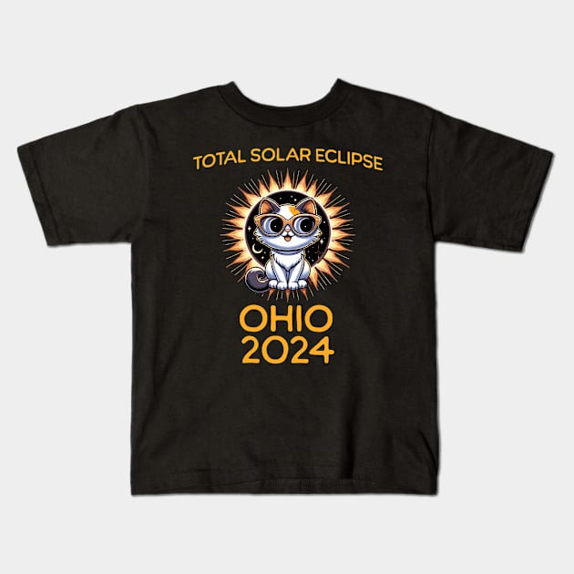 Funny Cat Sunglasses Total Solar Eclipse April 2024 Ohio Kids T-Shirt by JoeStylistics